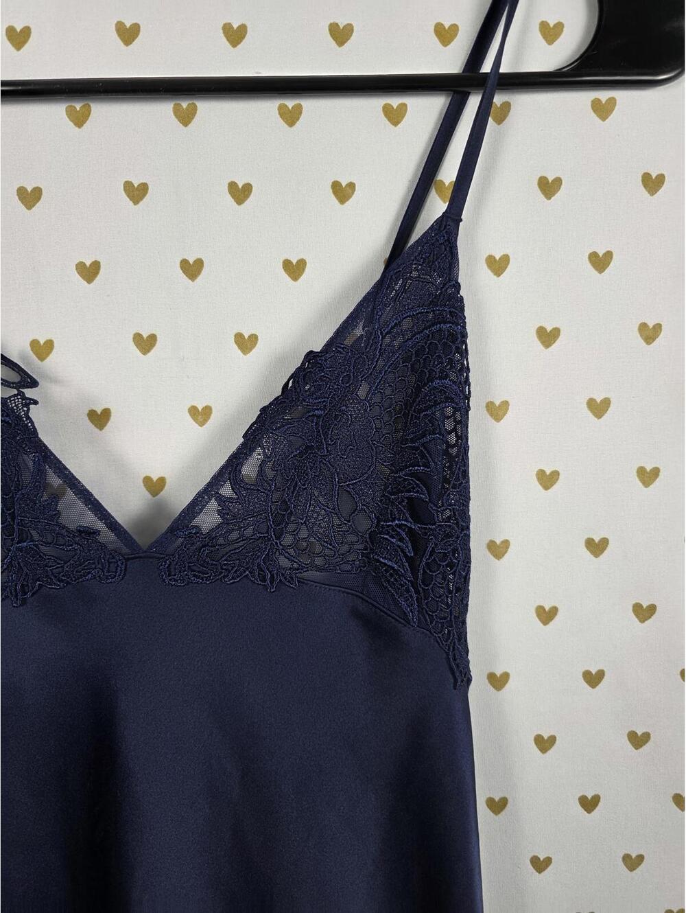 Victorias Secret LARGE Dark Blue Satin Maxi Silky Dress Full Length Sheer Side - Picture 2 of 7